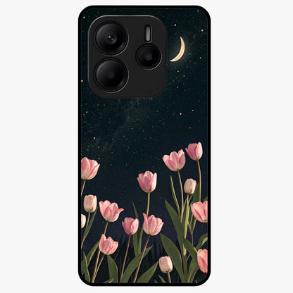 Midnight Tulip Whispers Vibe Glass Case showing flat back view with elegant tulip flower artwork and glossy glass finish.