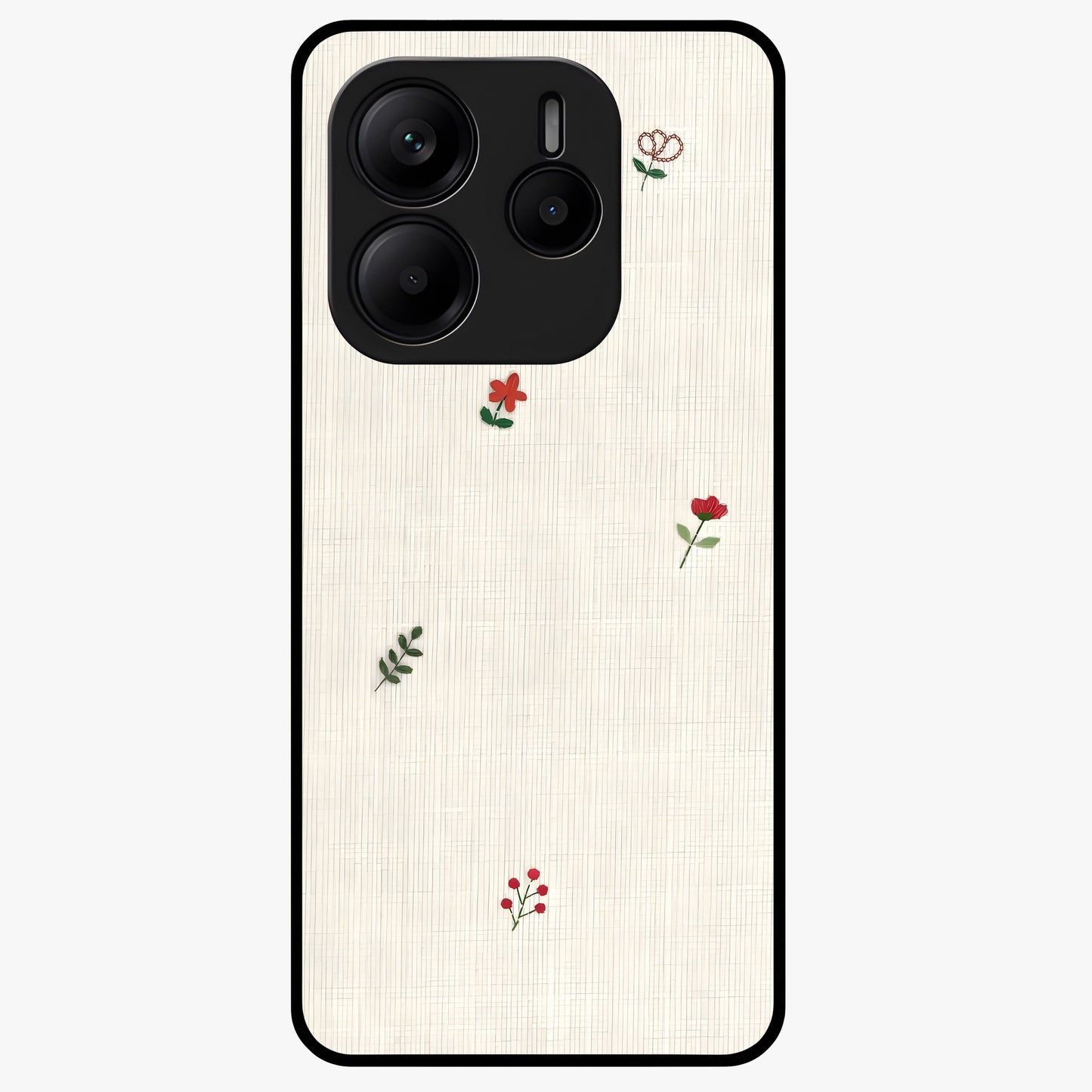 Minimal Petal Whispers Glass Case showing flat back view with soft minimal floral artwork and glossy glass finish.