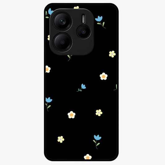 Minimalistic Blue With White Flower Pattern Glass Case showing flat back view with blue background and white flower pattern and glossy glass finish.