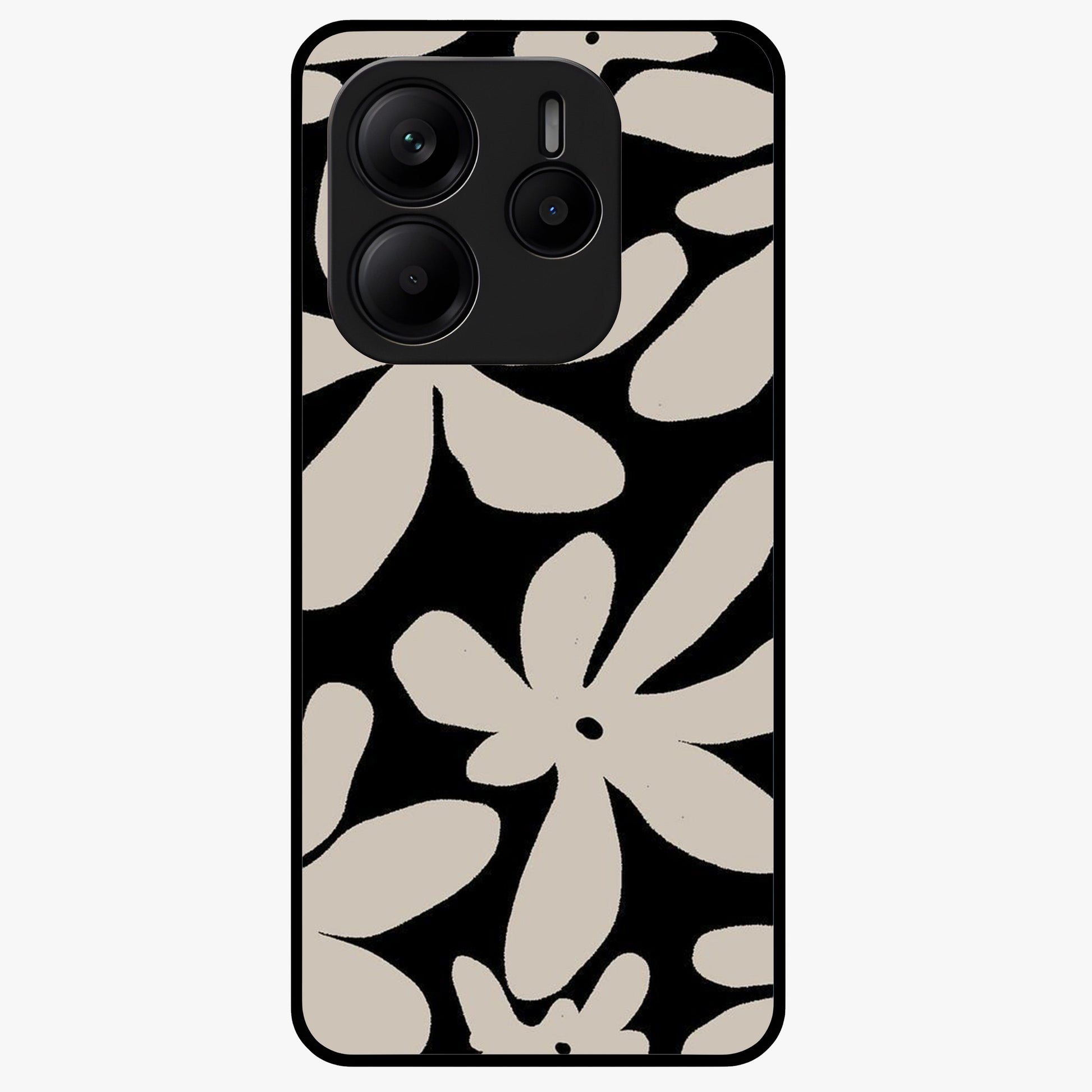 Monochrome Petal Dance Glass Case showing flat back view with monochrome floral artwork and glossy glass finish.