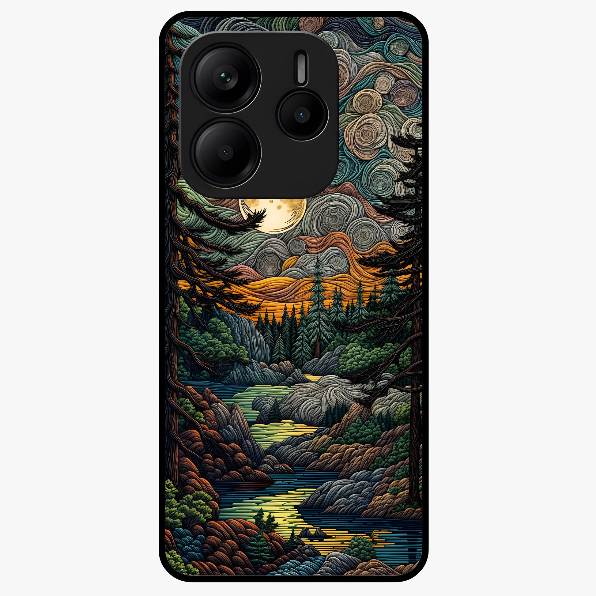 Moonlight Forest Dream Glass Case showing flat back view with mystical forest moonlight artwork and glossy glass finish.
