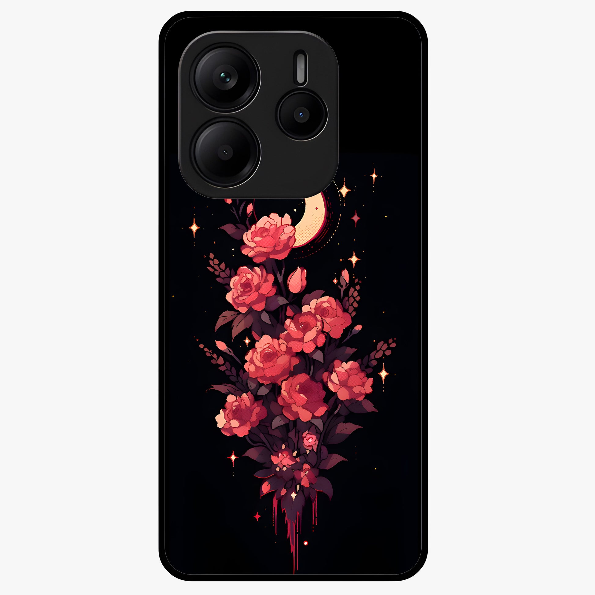Moonlit Floral Elegance Glass Case showing flat back view with elegant floral artwork under moonlit tones and glossy glass finish.