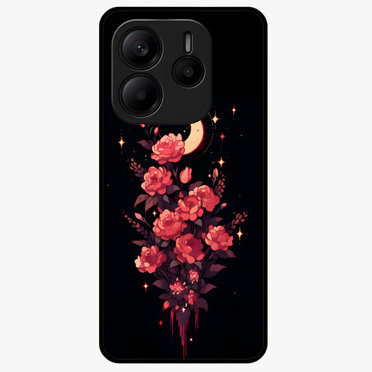 Moonlit Floral Elegance Glass Case showing flat back view with elegant floral artwork under moonlit tones and glossy glass finish.