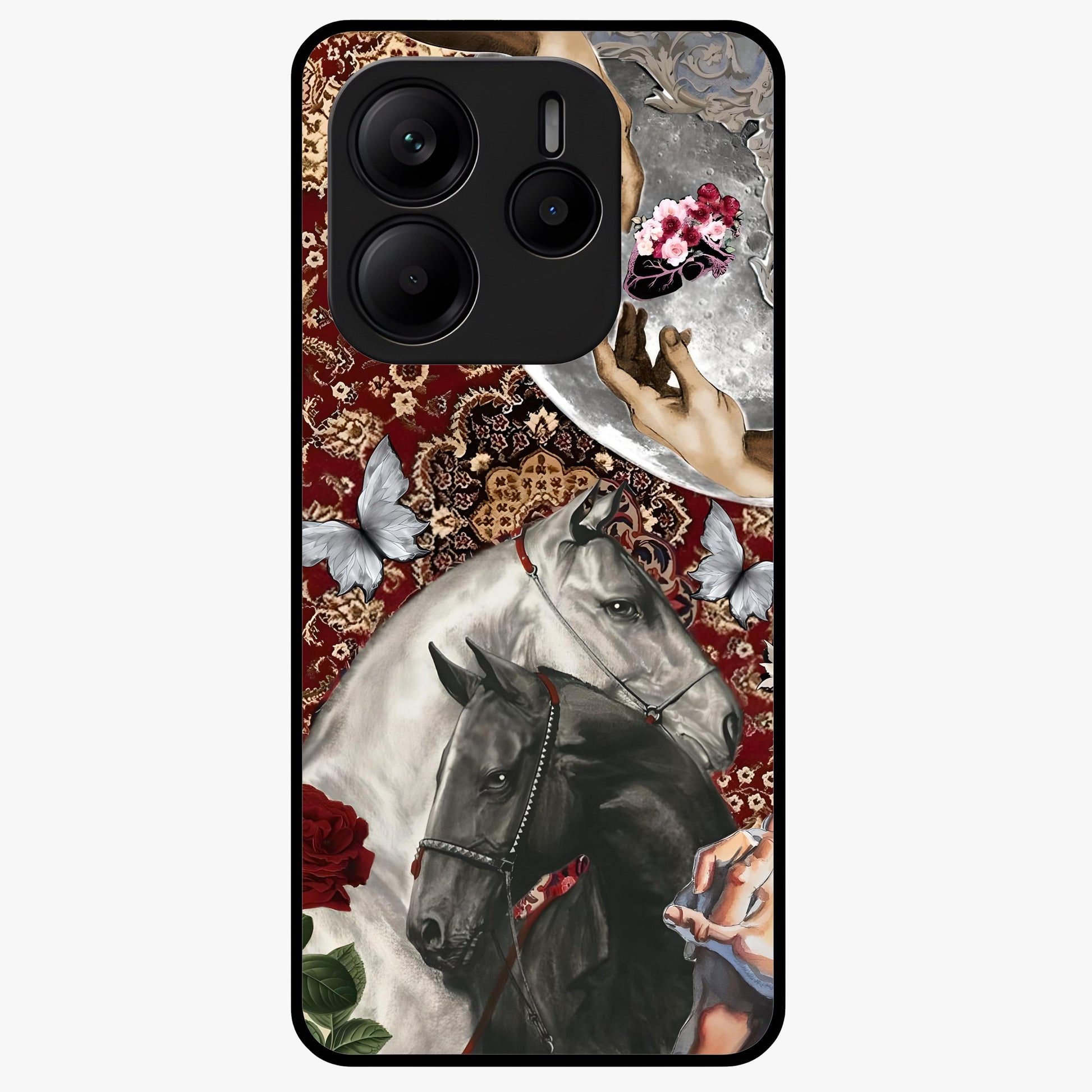 Moonlit Royal Stallion Glass Case showing flat back view with majestic horse under moonlight artwork and glossy glass finish.
