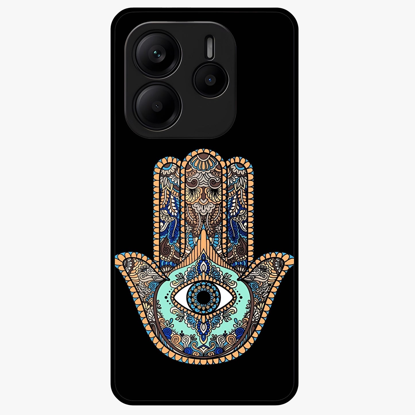 Mystic Hamsa Eye Glass Case showing flat back view with protective hamsa hand and evil eye artwork and glossy glass finish.