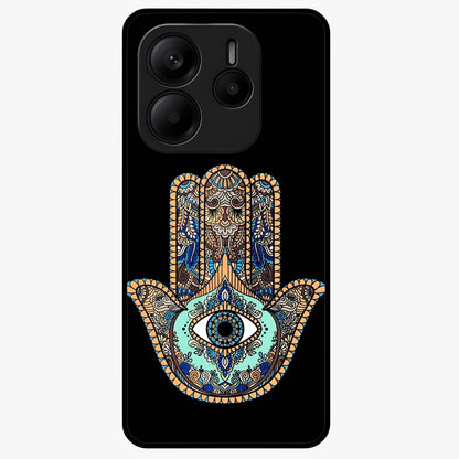 Mystic Hamsa Eye Glass Case showing flat back view with protective hamsa hand and evil eye artwork and glossy glass finish.
