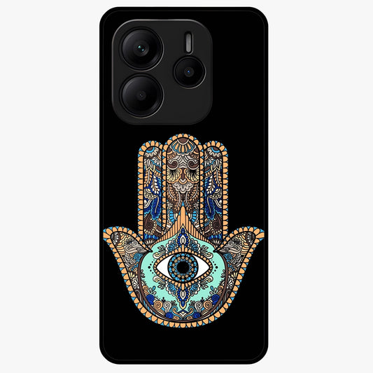 Mystic Hamsa Eye Glass Case showing flat back view with protective hamsa hand and evil eye artwork and glossy glass finish.