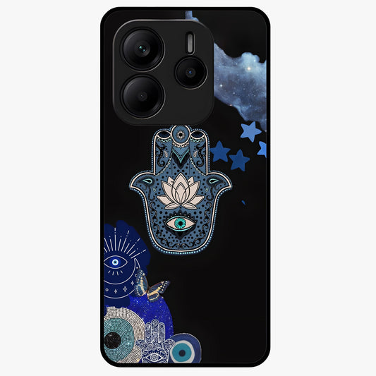 Mystic Hand Aura Glass Case showing flat back view with mystical hand symbol artwork and glossy glass finish.