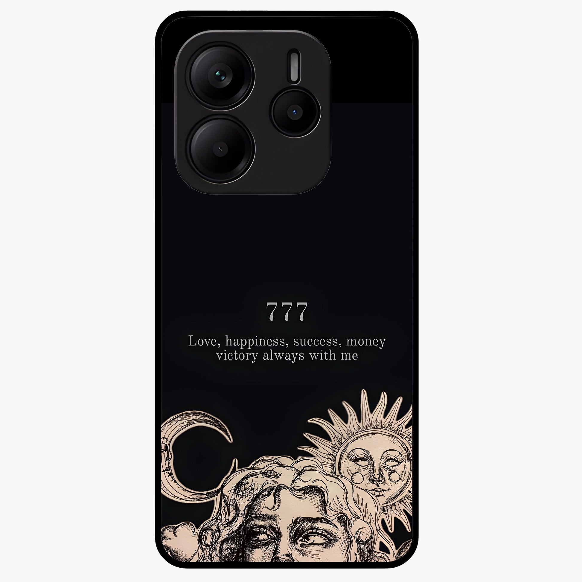 Mystic Victory Aura Glass Case showing flat back view with victory symbol artwork and glossy glass finish.