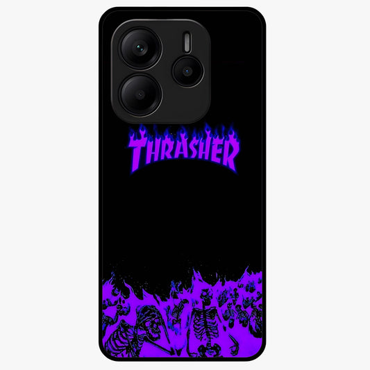 Neon Flame Riot Glass Case showing flat back view with neon flame artwork and glossy glass finish.