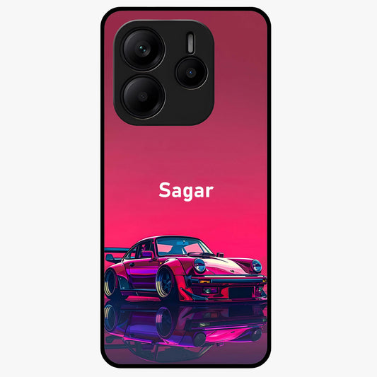 Neon Pink Porsche Glass Case showing flat back view with stylish sports car artwork and glossy glass finish.
