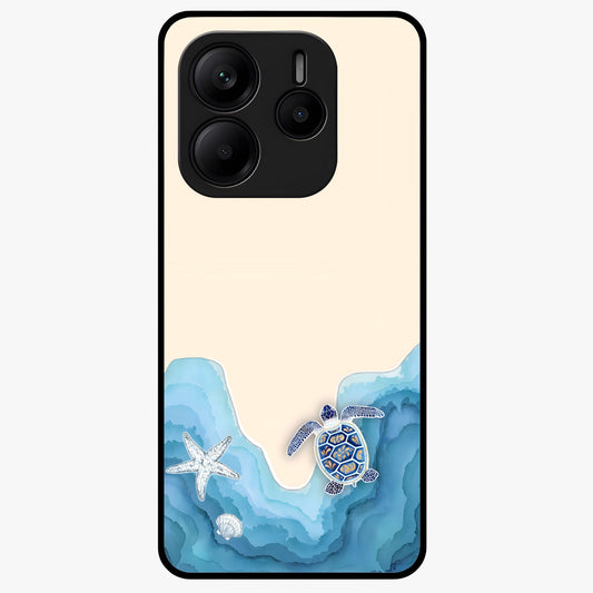 Ocean Drift Turtle Glass Case showing flat back view with sea turtle artwork and glossy glass finish.