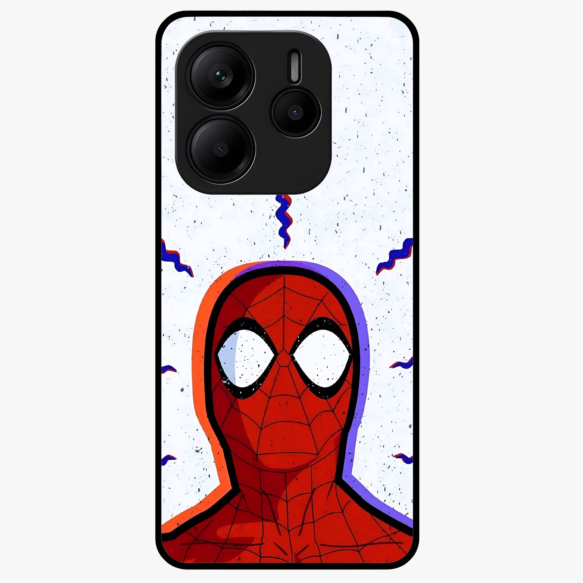 Omg Spiderman Glass Case showing flat back view with bold superhero inspired artwork and glossy glass finish.