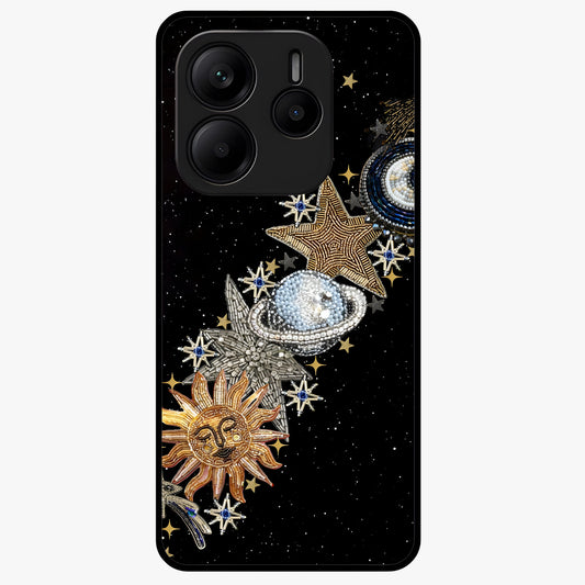 Pearls Universe Object Glass Case showing flat back view with pearl inspired cosmic artwork and glossy glass finish.