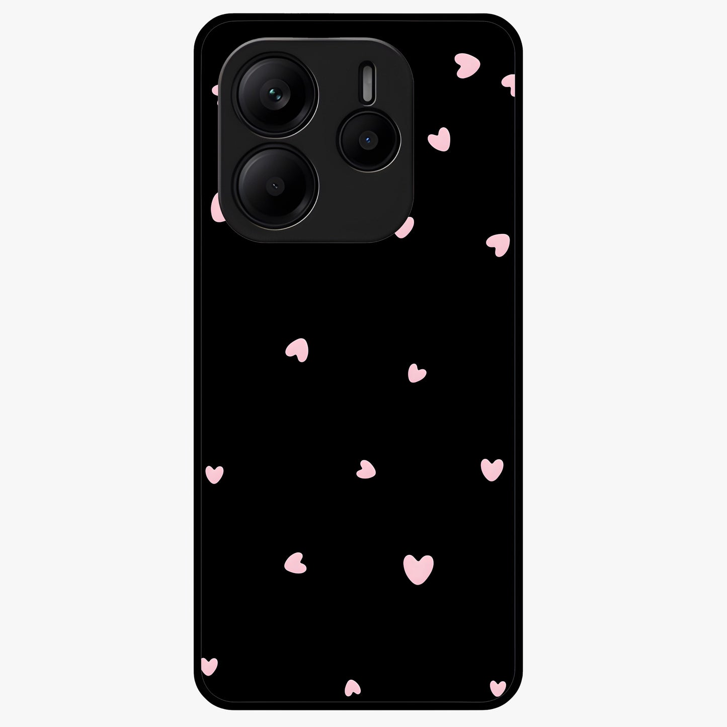 Pink Love Drops Glass Case showing flat back view with playful pink heart drops artwork and glossy glass finish.