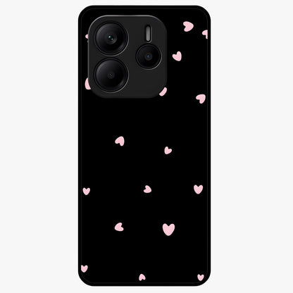 Pink Love Drops Glass Case showing flat back view with playful pink heart drops artwork and glossy glass finish.