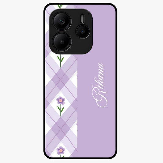 Purple Diamond Floral Glass Case showing flat back view with diamond shaped floral artwork and glossy glass finish.