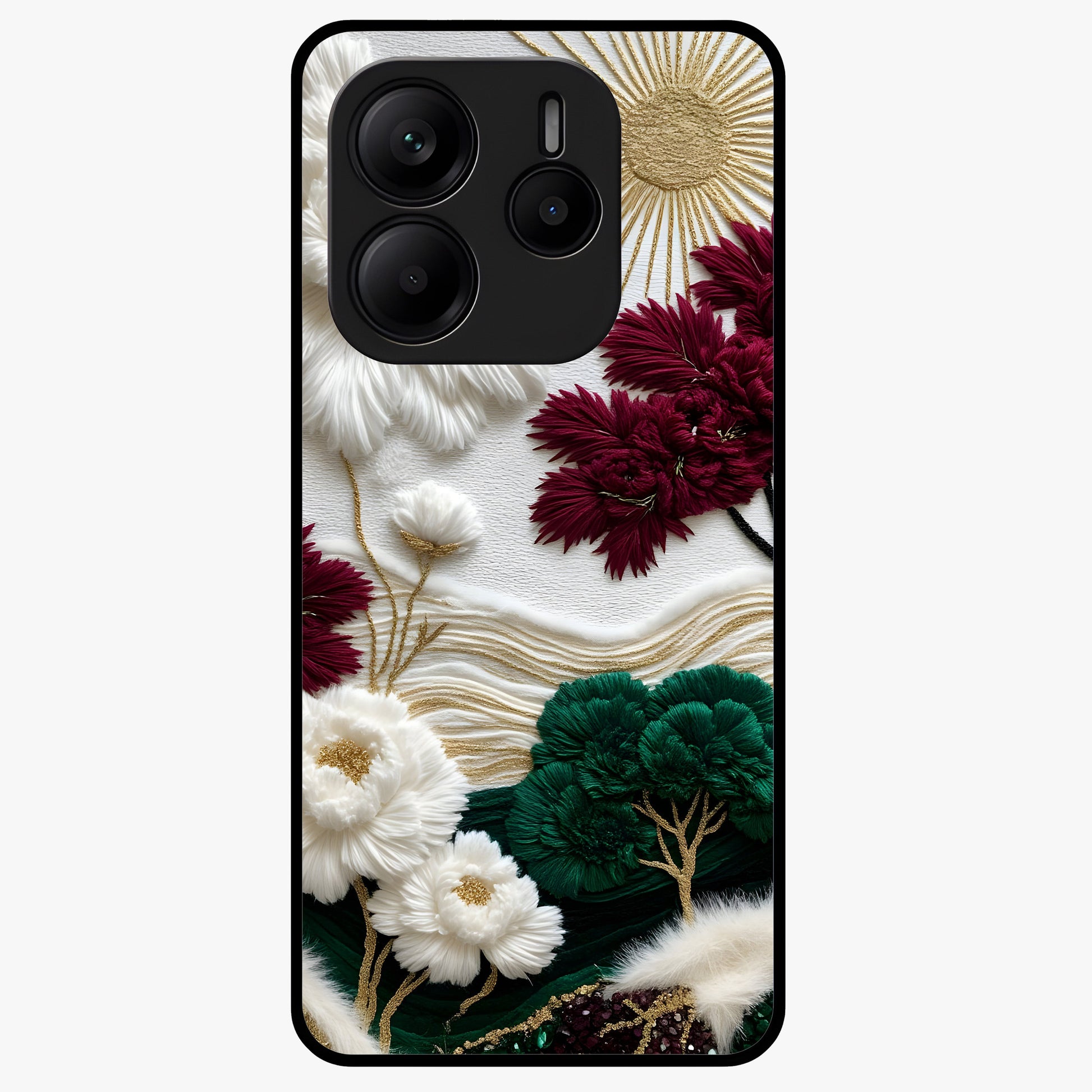 Radiant Bloom Elegance Glass Case showing flat back view with elegant blooming flower artwork and glossy glass finish.