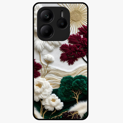 Radiant Bloom Elegance Glass Case showing flat back view with elegant blooming flower artwork and glossy glass finish.