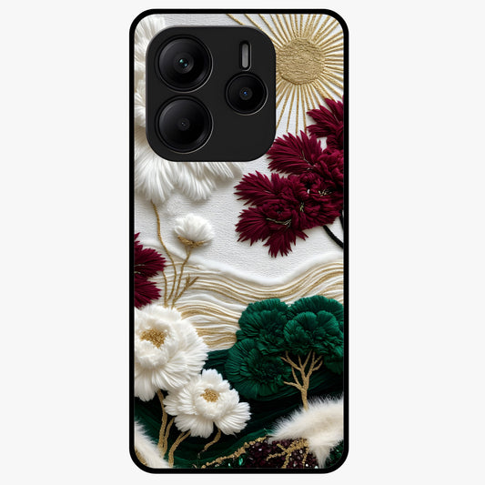 Radiant Bloom Elegance Glass Case showing flat back view with elegant blooming flower artwork and glossy glass finish.