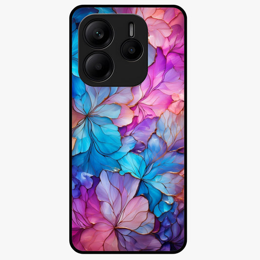 Radiant Floral Whirl Glass Case showing flat back view with swirling floral artwork and glossy glass finish.