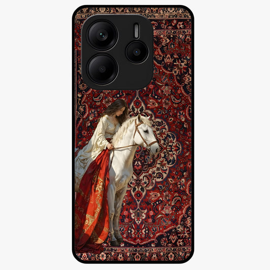 Royal Rider Tapestry Glass Case showing flat back view with majestic horse rider tapestry artwork and glossy glass finish.