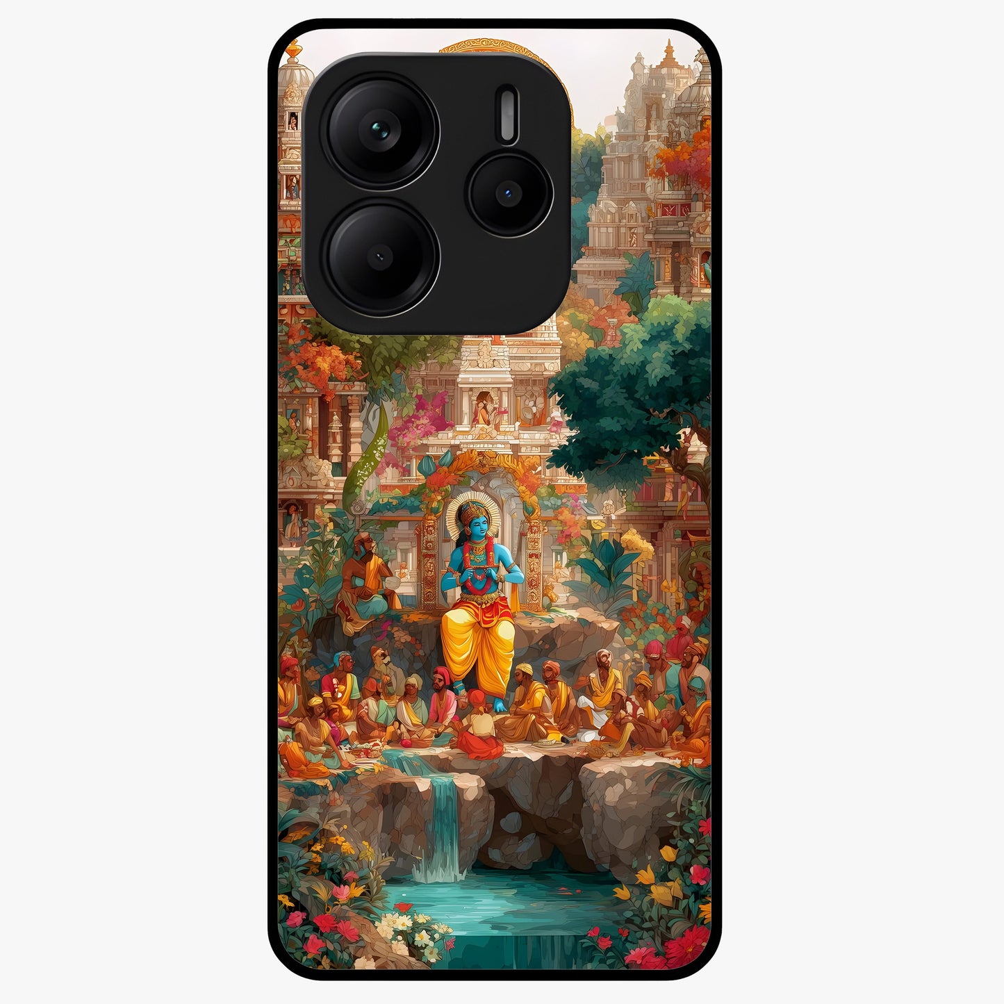 Sacred Sunlight Gods Glass Case showing flat back view with divine sunlight themed artwork and glossy glass finish.
