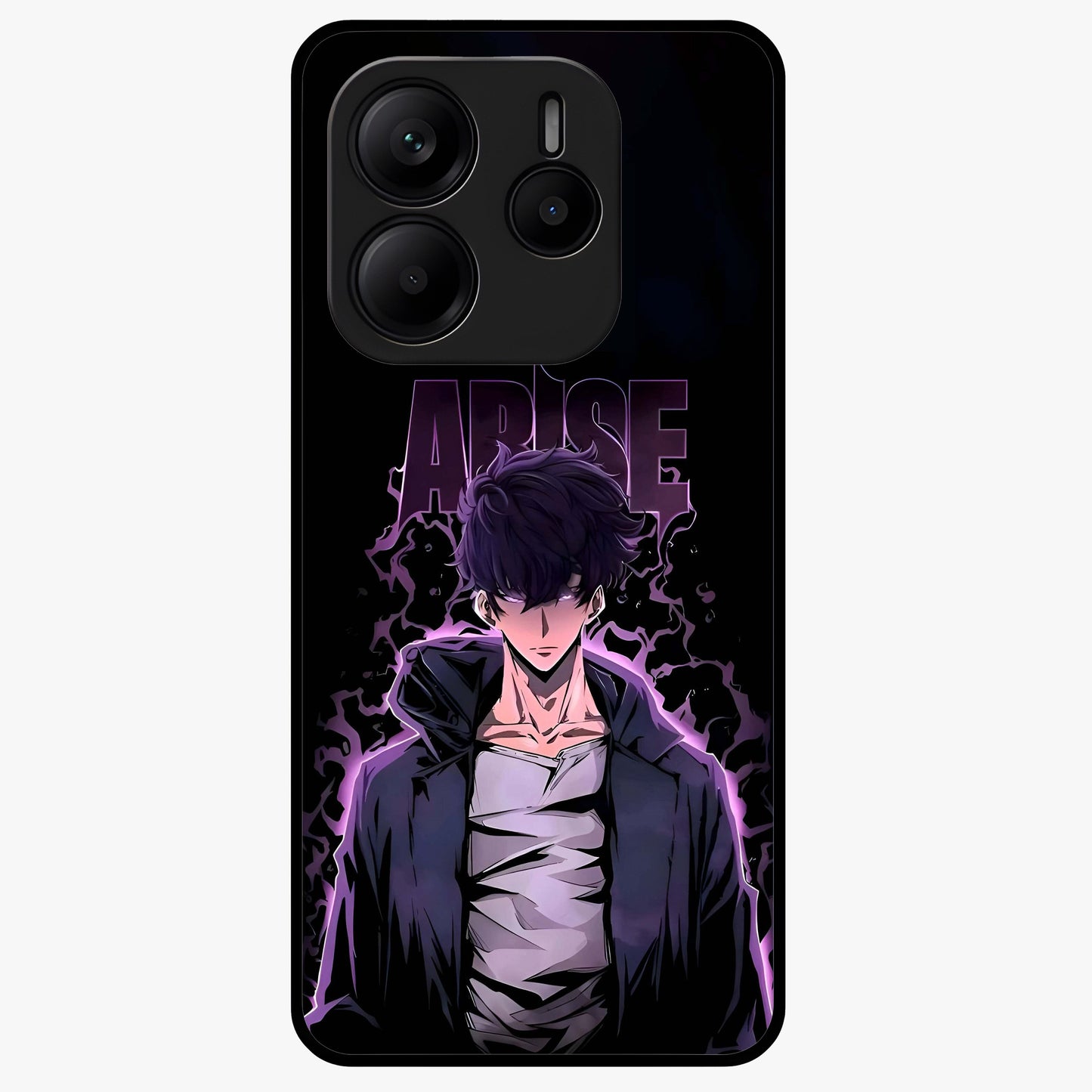 Shadow Monarch Awakening Glass Case showing flat back view with powerful dark monarch themed artwork and glossy glass finish.
