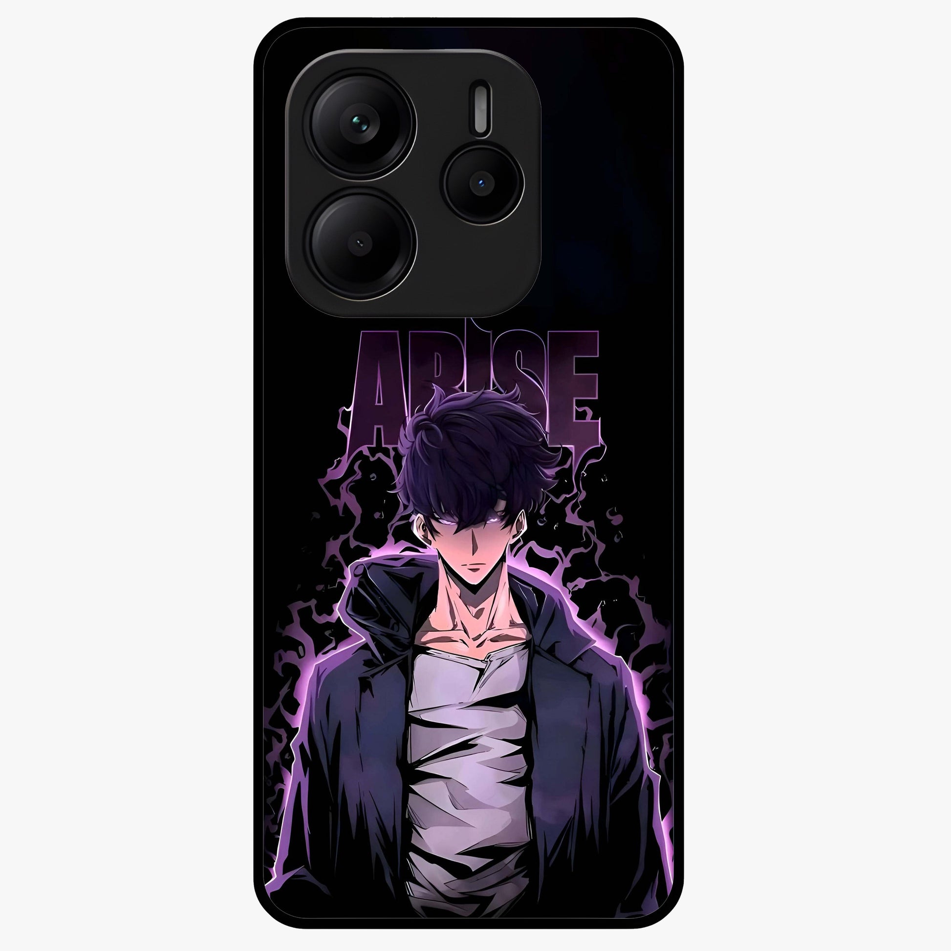 Shadow Monarch Awakening Glass Case showing flat back view with powerful dark monarch themed artwork and glossy glass finish.