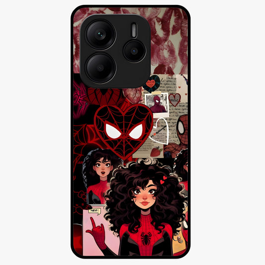 Spider Love Story Glass Case showing flat back view with romantic superhero themed artwork and glossy glass finish.