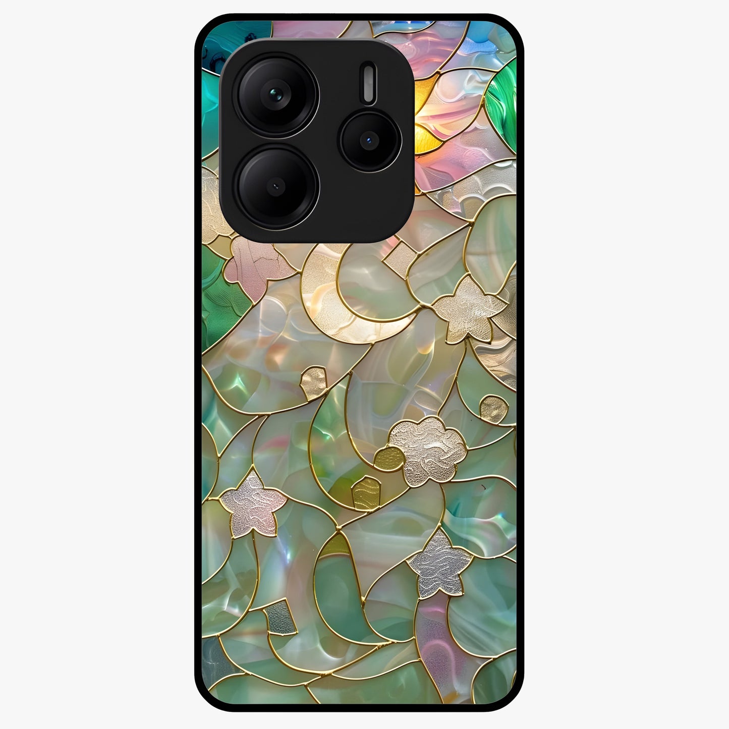 Stained Sunrise Glow Glass Case showing flat back view with glowing sunrise stained pattern artwork and glossy glass finish.