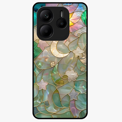 Stained Sunrise Glow Glass Case showing flat back view with glowing sunrise stained pattern artwork and glossy glass finish.