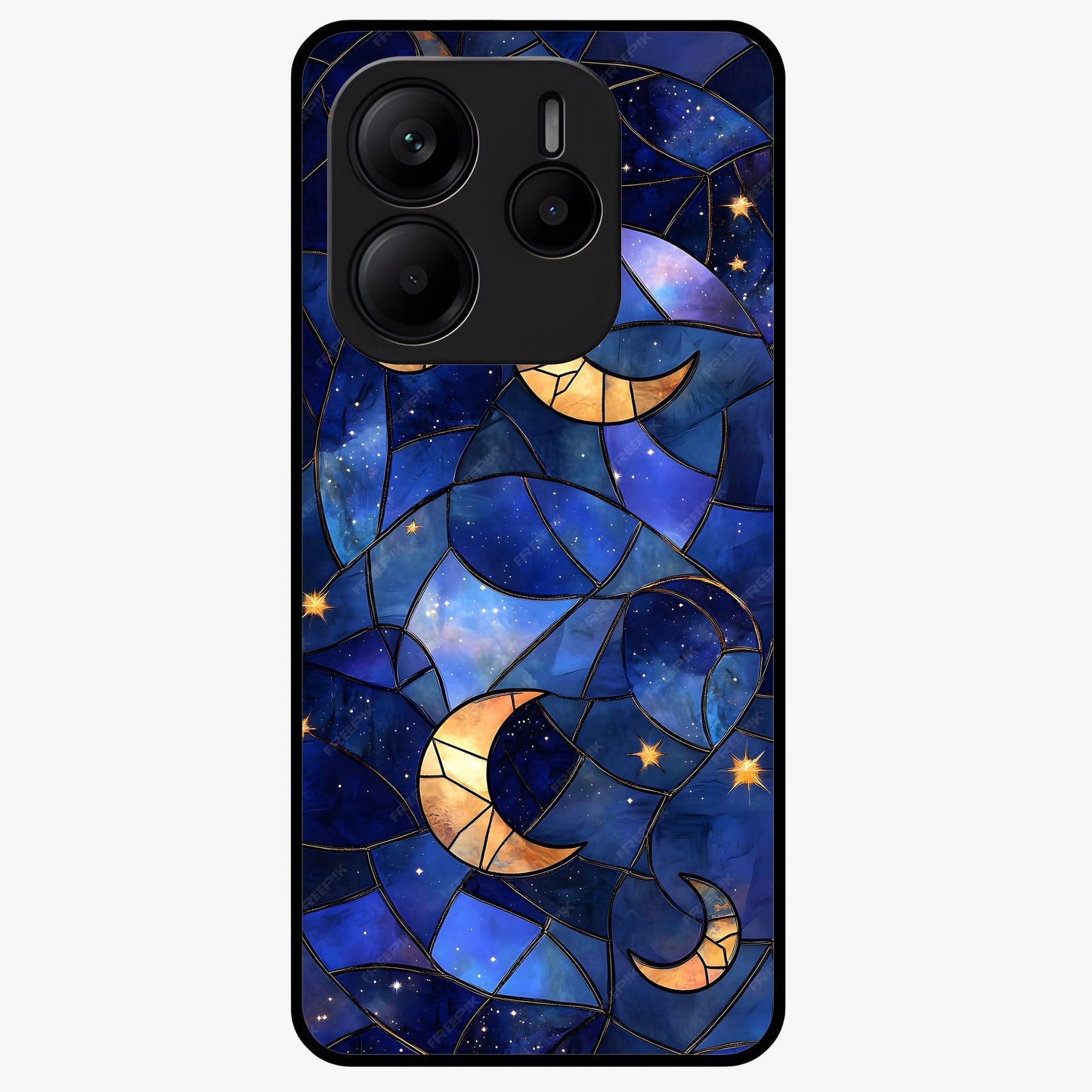 Starlit Sky Tapestry Glass Case showing flat back view with decorative starry sky tapestry artwork and glossy glass finish.