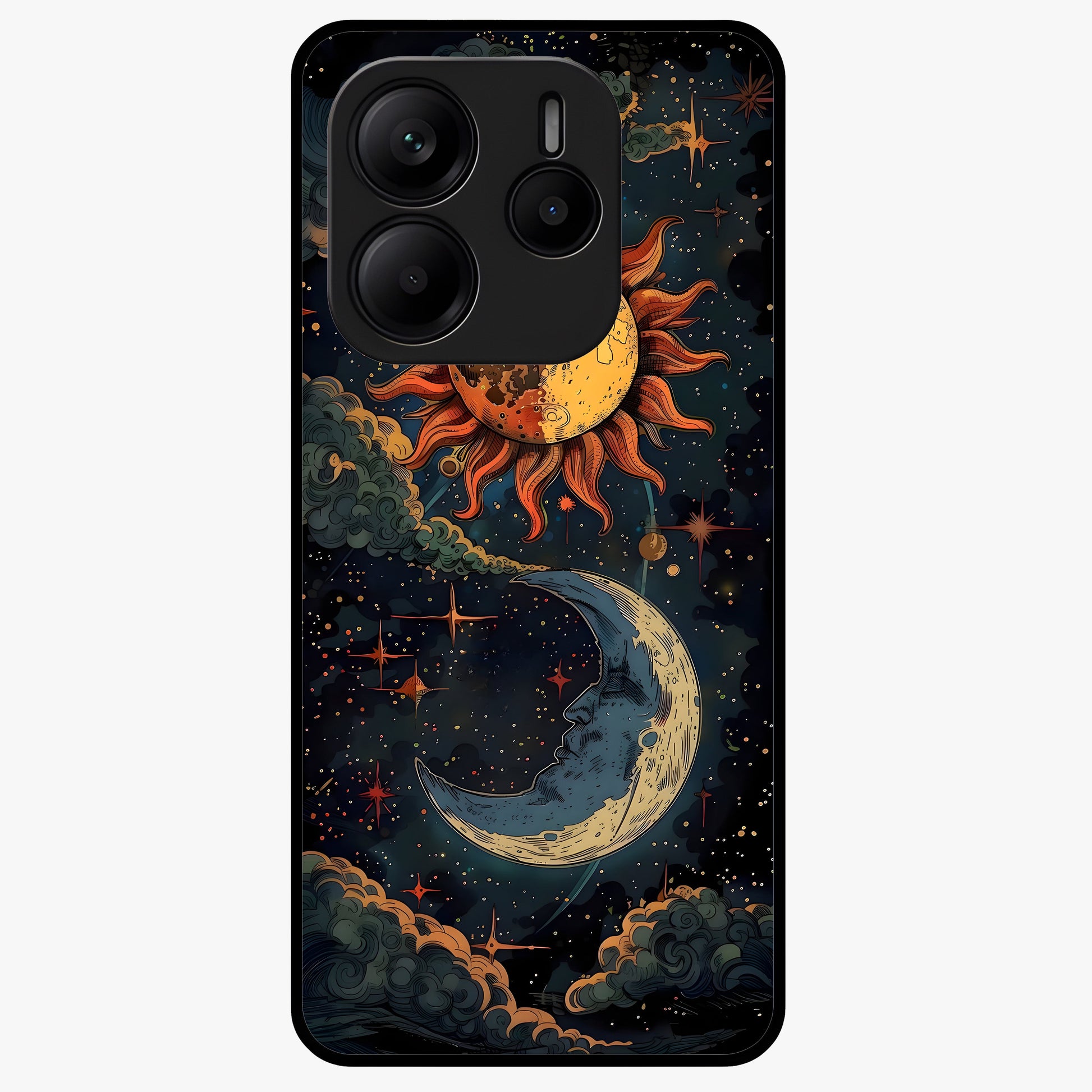 Sun And Moon Magic Design Glass Case showing flat back view with mystical sun and moon artwork and glossy glass finish.