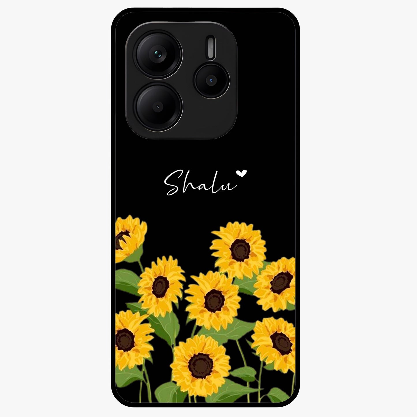 Sunflower Chic Mood Custom Name Glass Case showing flat back view with stylish sunflower artwork and personalized name design.