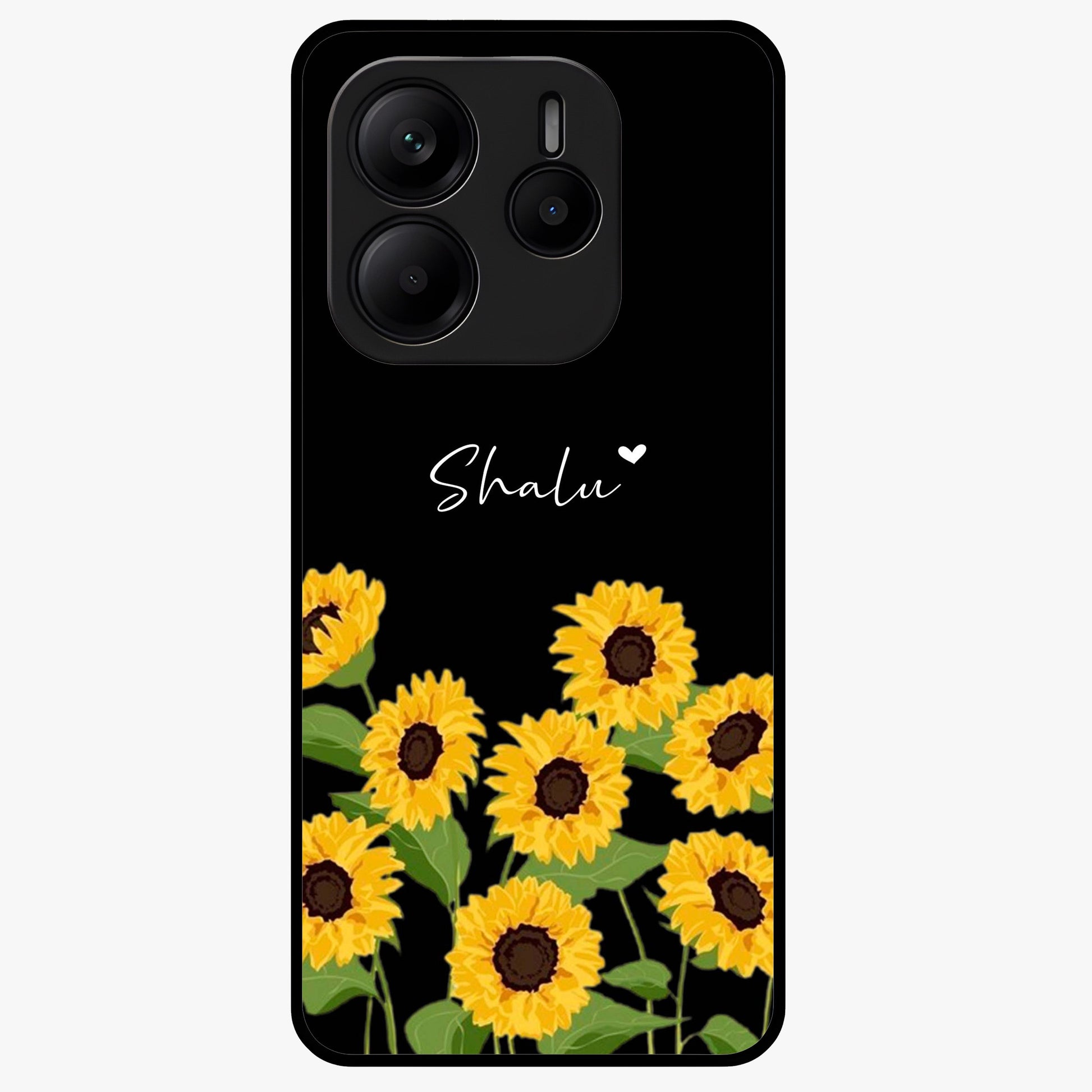 Sunflower Chic Mood Custom Name Glass Case showing flat back view with stylish sunflower artwork and personalized name design.