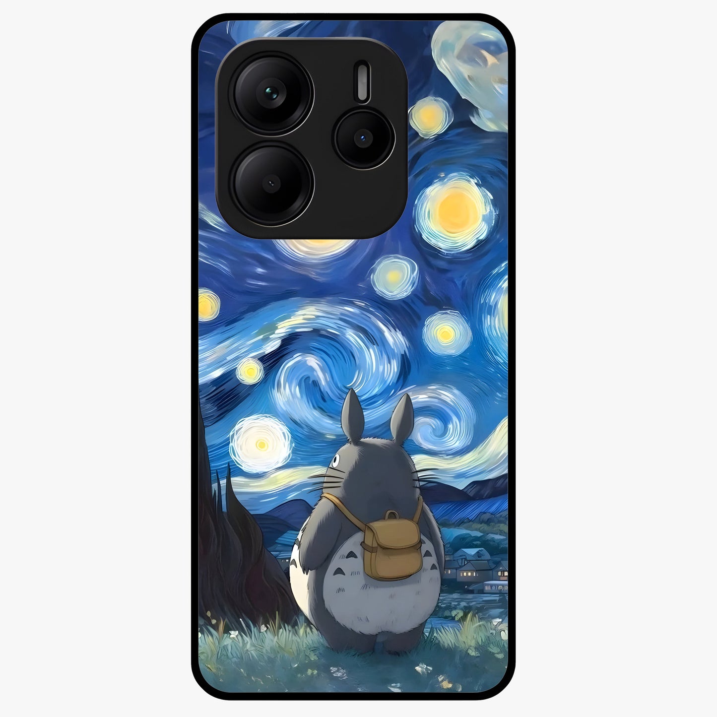 Totoro In Van Gogh Art Glass Case showing flat back view with whimsical character artwork inspired by Van Gogh style and glossy glass finish.