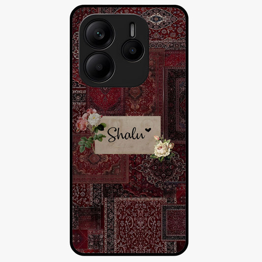Velvet Wine Pattern Custom Name Glass Case showing flat back view with elegant wine colored pattern artwork and personalized name design.