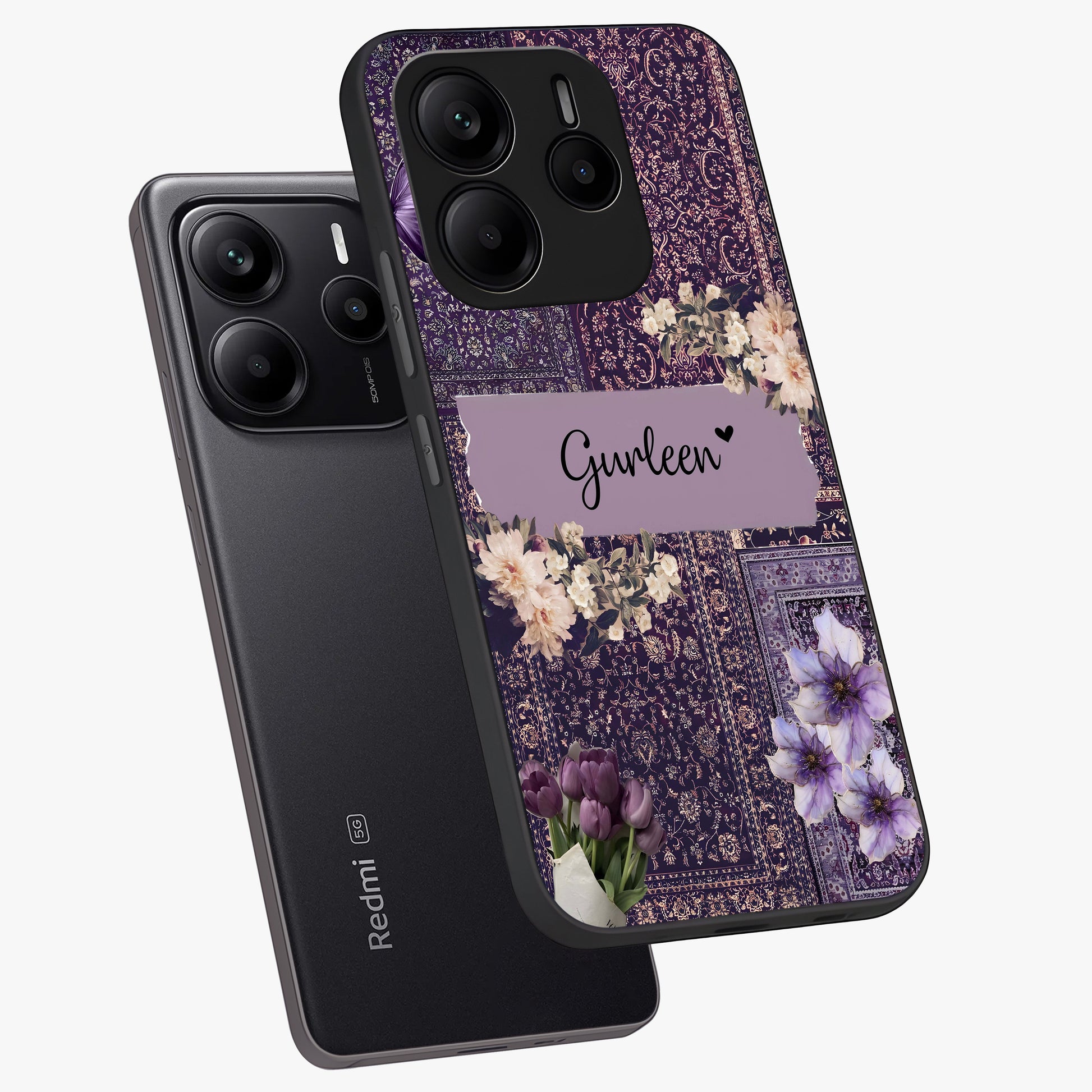 Antique Floral Whisper Custom Name Glass Case displayed in angled mockup highlighting elegant antique floral aesthetic.