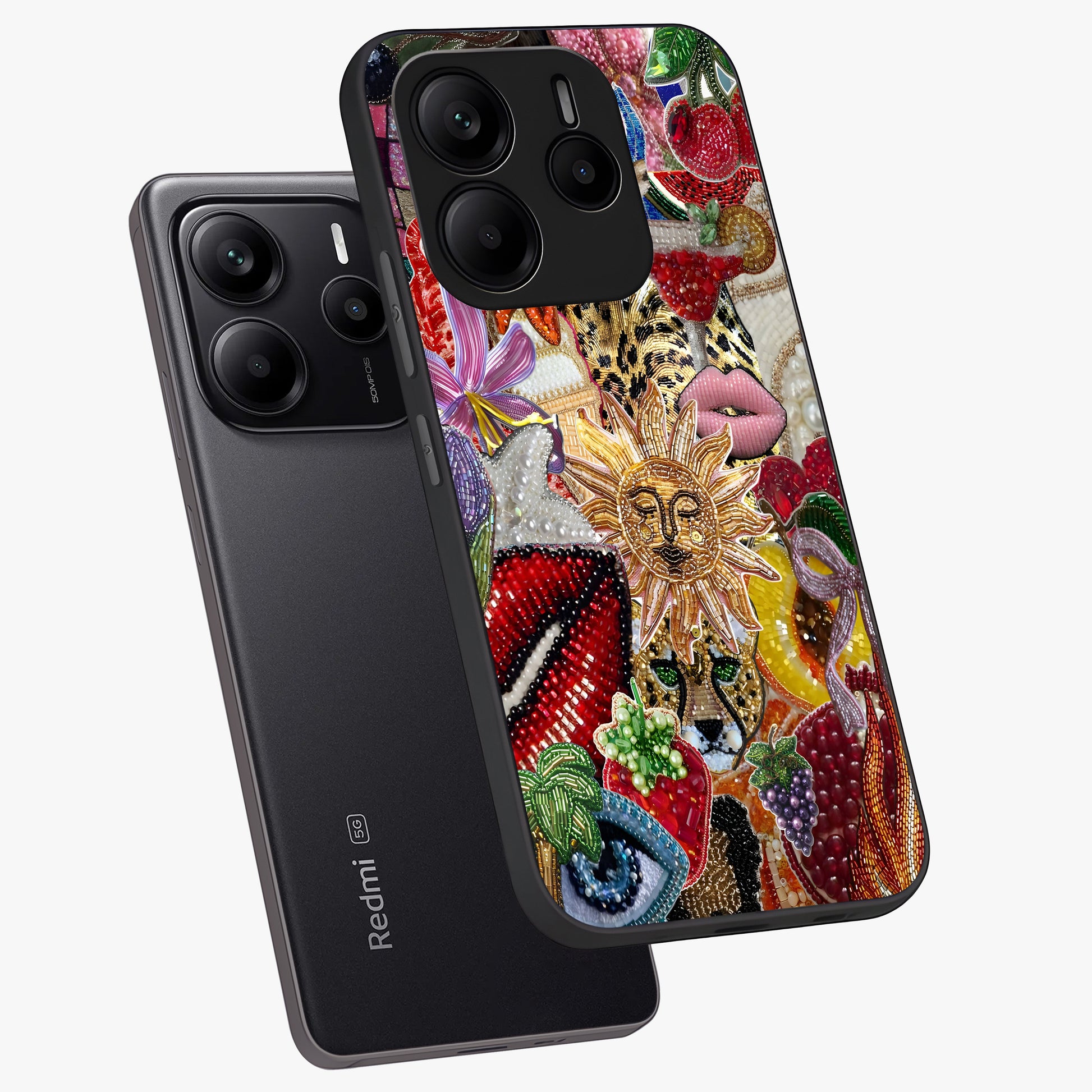 Beaded Fashion Jungle Glass Case displayed in angled mockup highlighting colorful fashion bead design and artistic pattern.