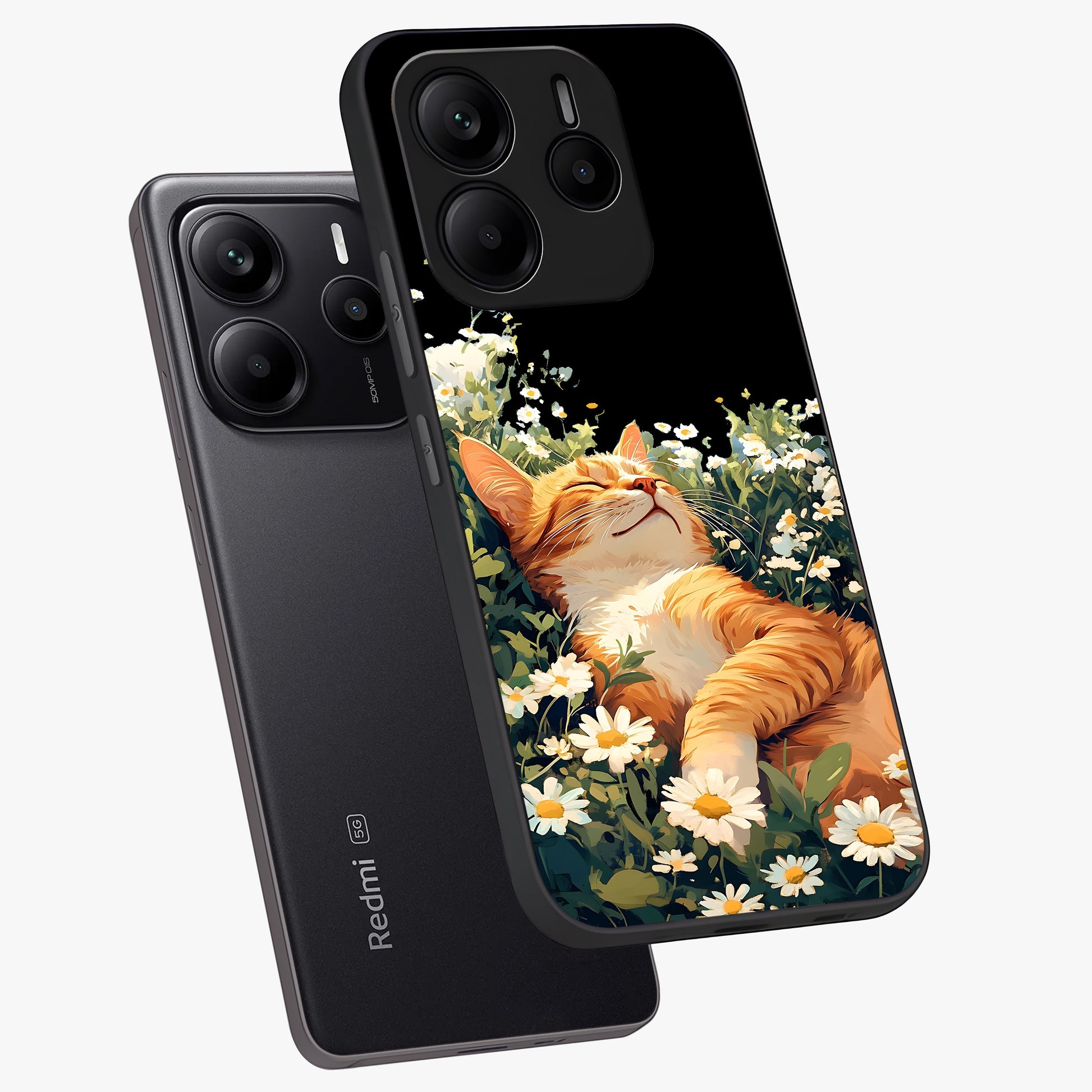 Blissful Bloom Cat Glass Case displayed in angled mockup highlighting playful feline illustration with soft floral aesthetic.