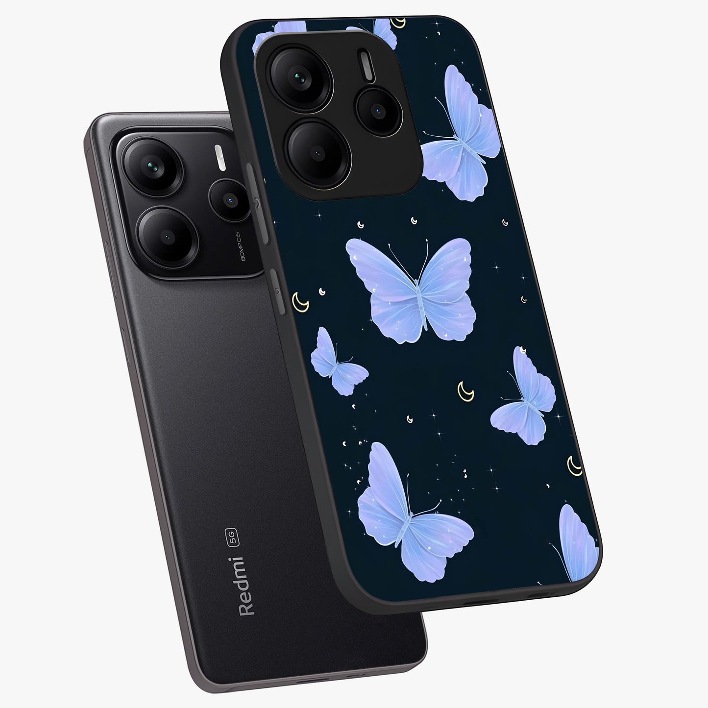 Butterfly With Stars Pattern Glass Case displayed in angled mockup highlighting dreamy butterfly and star design with aesthetic theme.