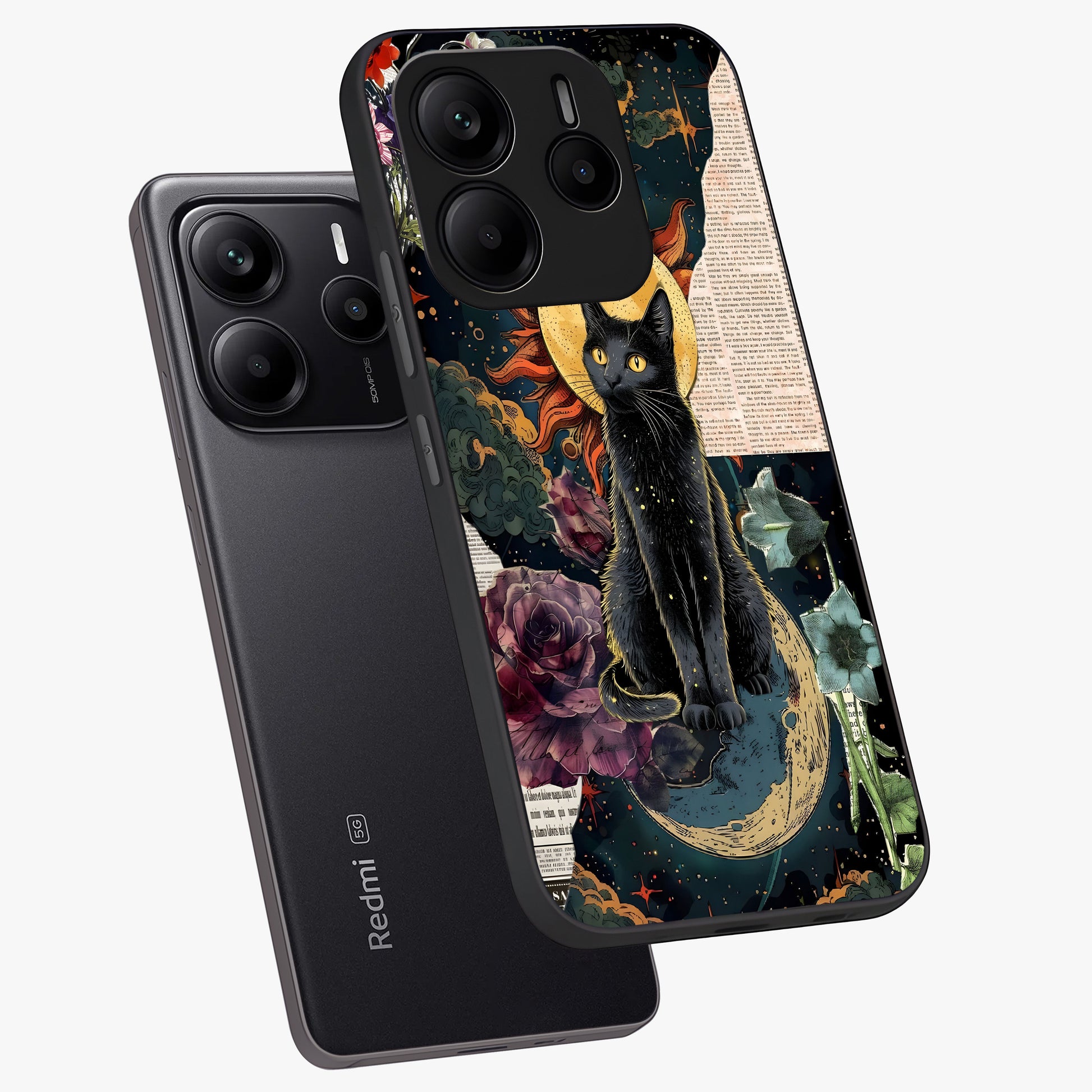 Celestial Black Cat Glass Case displayed in angled mockup highlighting cosmic black cat design with celestial aesthetic.
