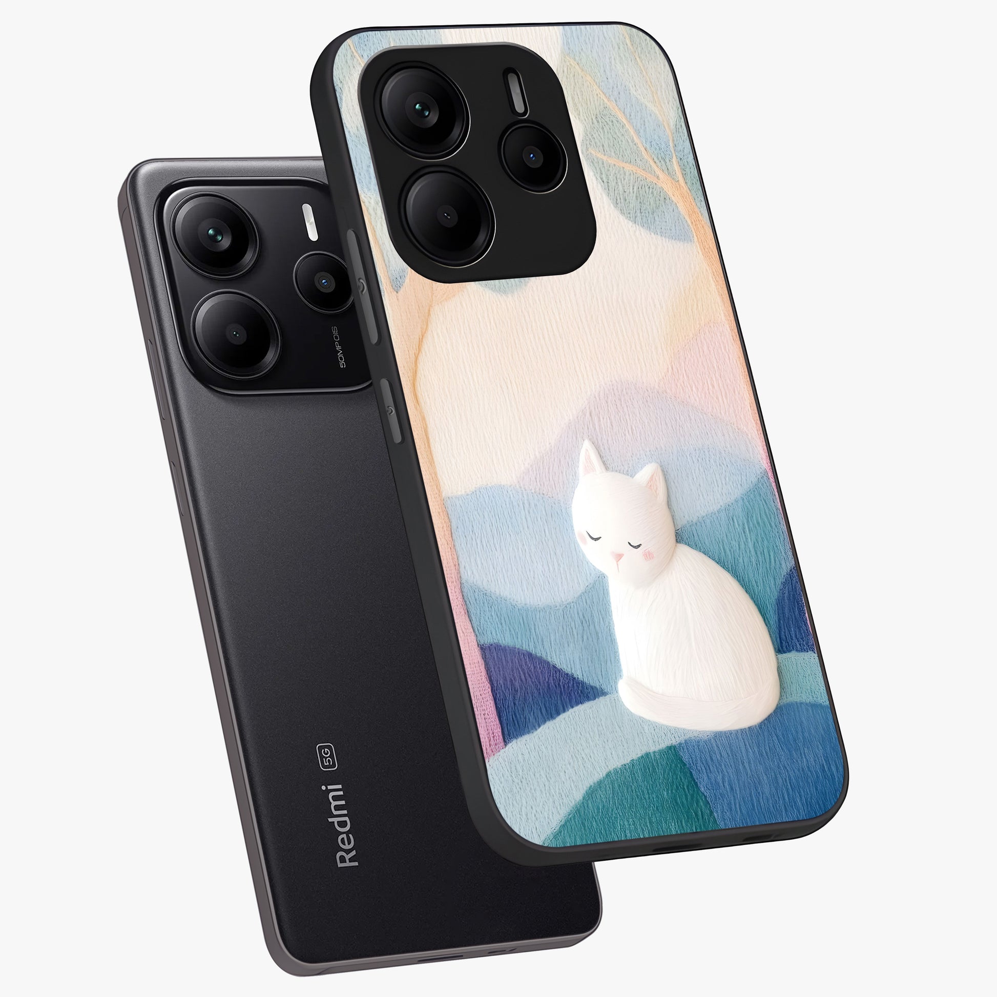 Cotton Dream Cat Glass Case displayed in angled mockup highlighting cute feline illustration with pastel aesthetic style.