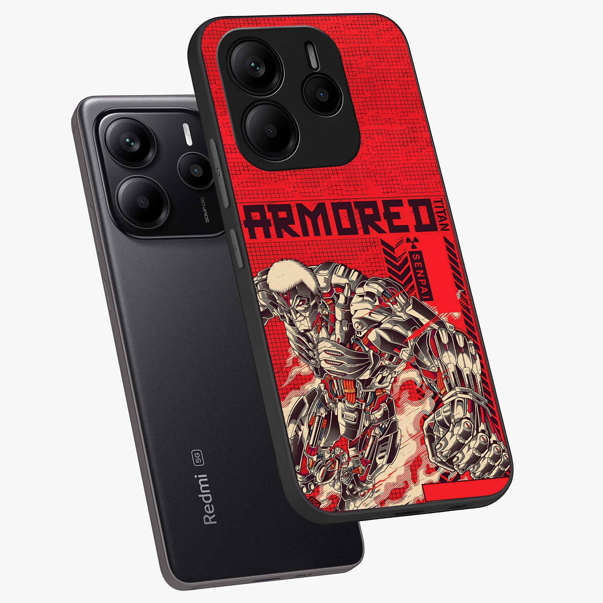 Crimson Mecha Titan Glass Case displayed in angled mockup highlighting futuristic mech illustration with bold crimson aesthetic.