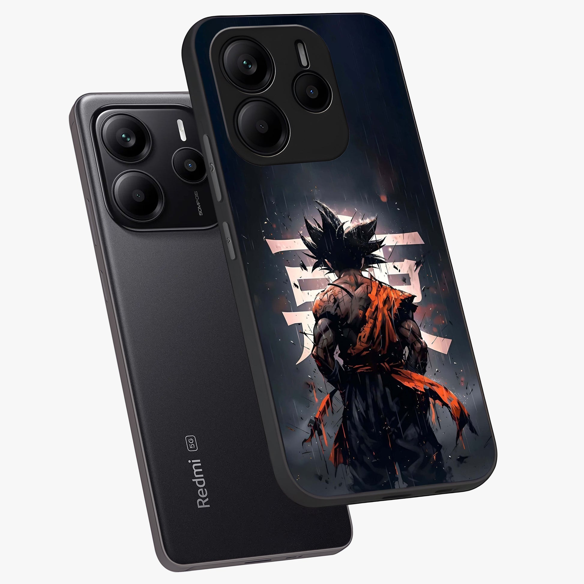 Dark Warrior In Rain Glass Case displayed in angled mockup highlighting dramatic warrior illustration with dark rain aesthetic.