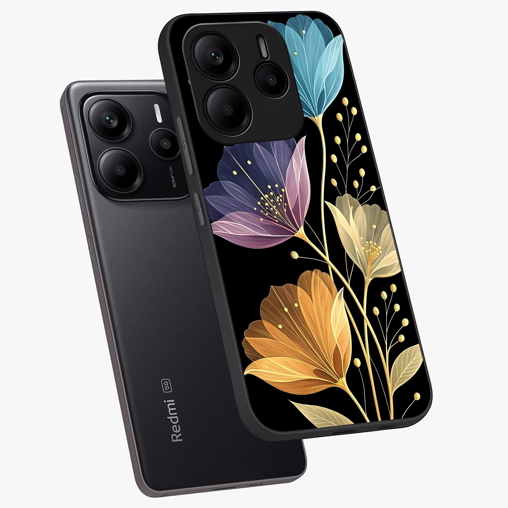 Delicate Multicolor Flowers Glass Case displayed in angled mockup highlighting colorful flower pattern with soft aesthetic style.