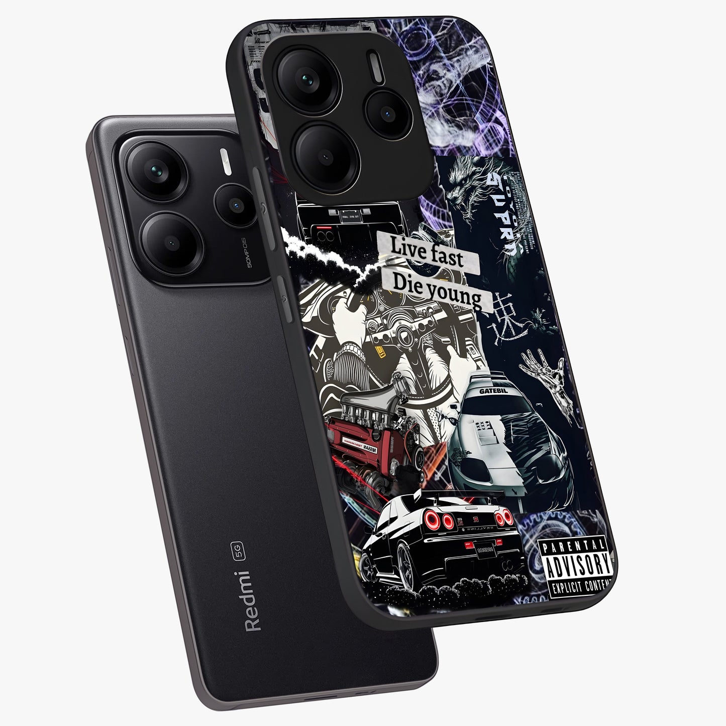 Die Young Glass Case displayed in angled mockup highlighting expressive graphic artwork with edgy aesthetic style.