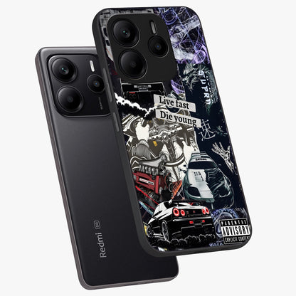 Die Young Glass Case displayed in angled mockup highlighting expressive graphic artwork with edgy aesthetic style.