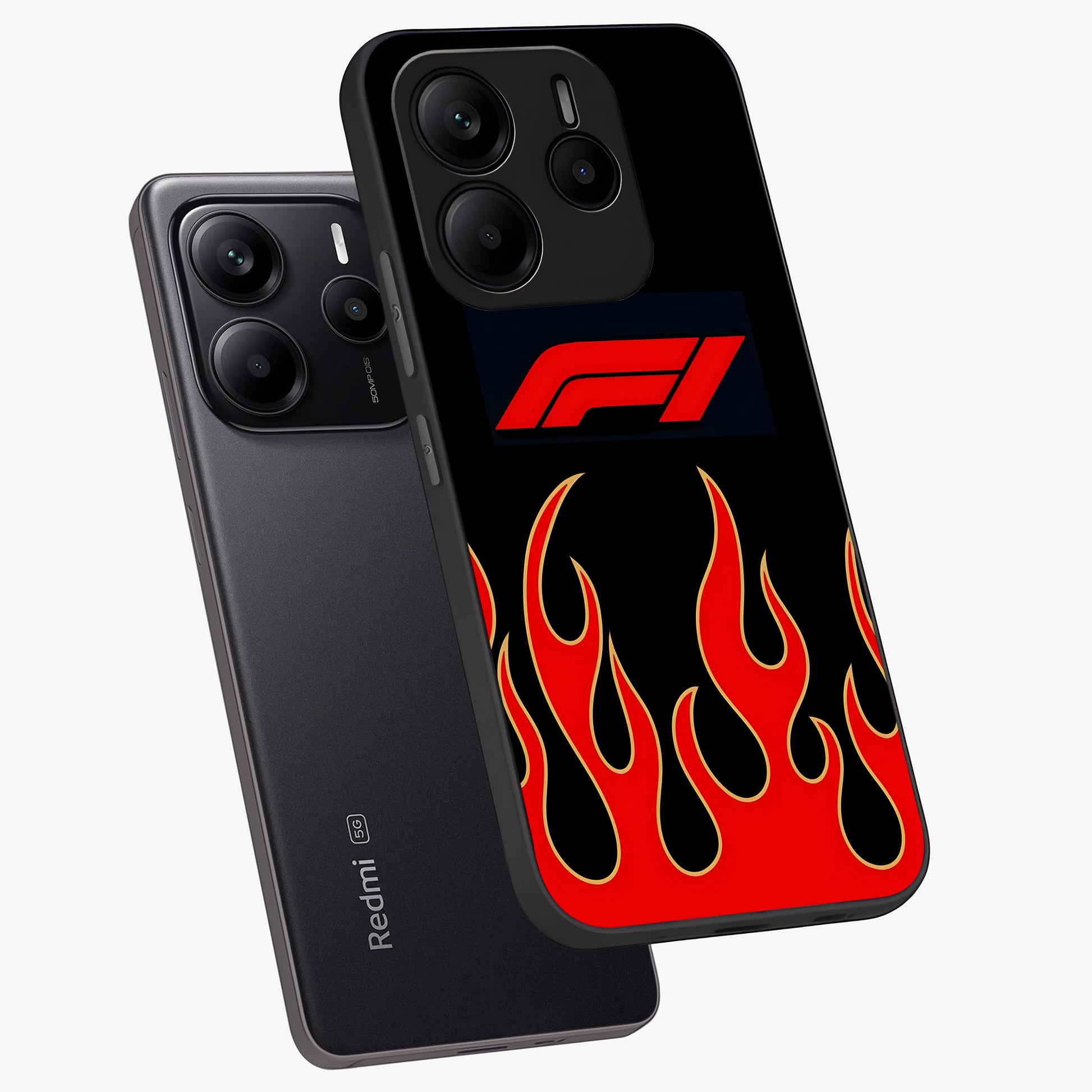 Fire F11 Glass Case displayed in angled mockup highlighting bold fire inspired graphic with energetic aesthetic style.